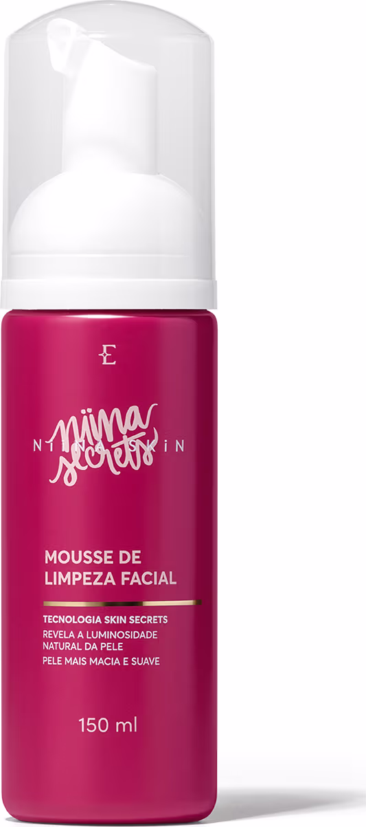 Mousse de limpeza facial Niina Secrets em embalagem plástica cilíndrica rosa com rótulo branco. Produto de 150 ml com tecnologia Skin Secrets para uma pele mais luminosa e suave.