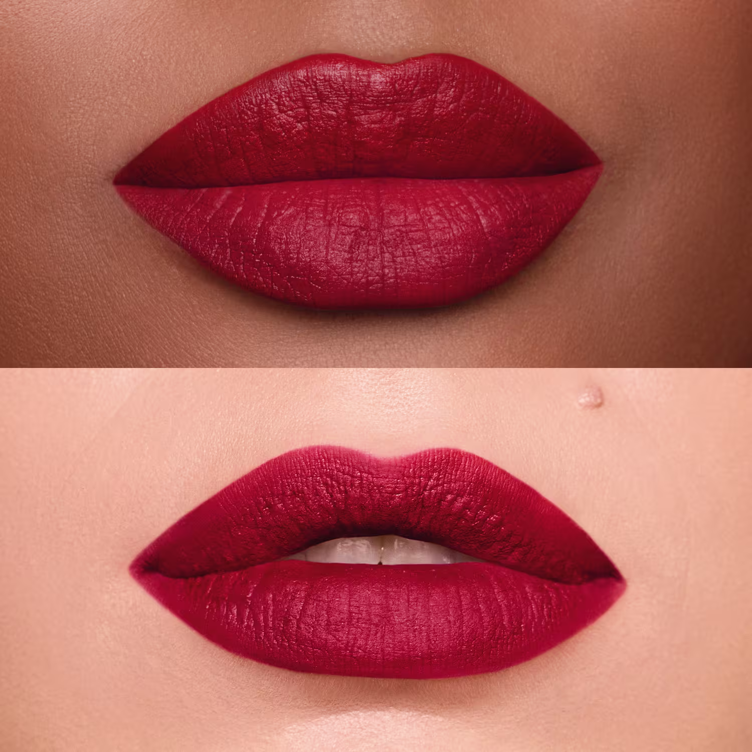 Imagem comparativa da aplicação do batom em lábio de pele parda e de pele branca. Na pele parda, o batom exibe cor vermelho intenso, na pele branca, o vermelho intenso ganha um leve tom vinho.