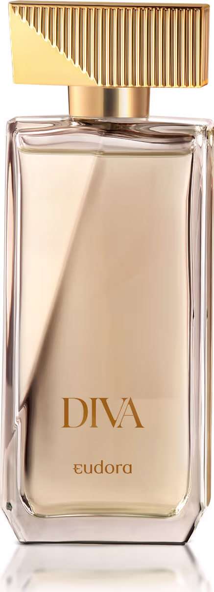 Frasco do Desodorante Colônia Diva da marca Eudora, com design elegante e sofisticado. Embalagem de vidro transparente com tampa dourada e detalhes verticais. 