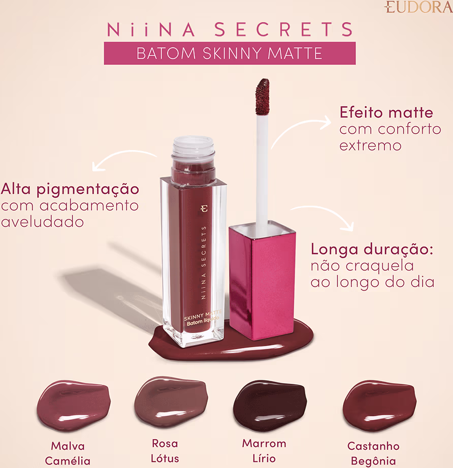 Batom Líquido Eudora Niina Secrets Skinny Matte Malva Camélia, 5ml.
