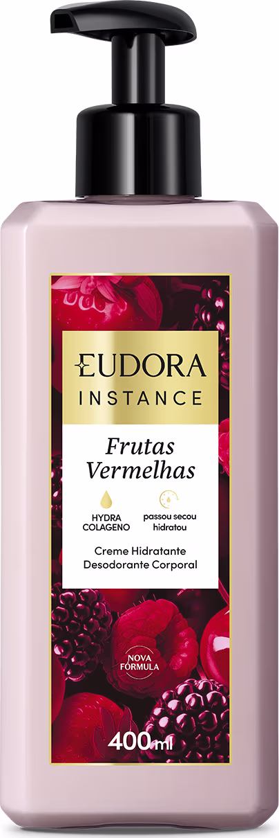 Frasco de creme hidratante desodorante corporal da linha Instance da Eudora, com rótulo destacando a fragrância "Frutas Vermelhas" e informações sobre a fórmula com colágeno e hidratação.