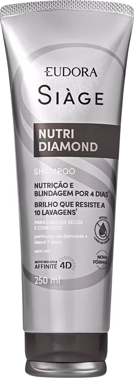 Frasco de shampoo Siàge Nutri Diamond, com embalagem branca e cinza, contendo 250 ml do produto. Destaca-se o texto "Nutri Diamond" e informações sobre nutrição, brilho e resistência a lavagens.