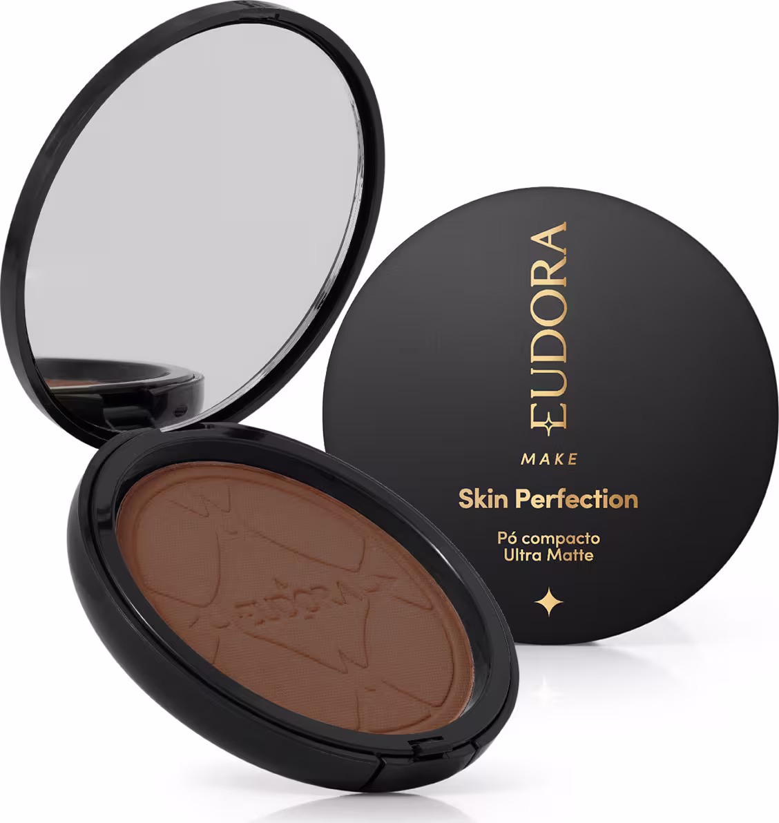 Pó compacto ultra matte da marca Eudora Make, com embalagem preta redonda e texto dourado "Skin Perfection" na tampa.