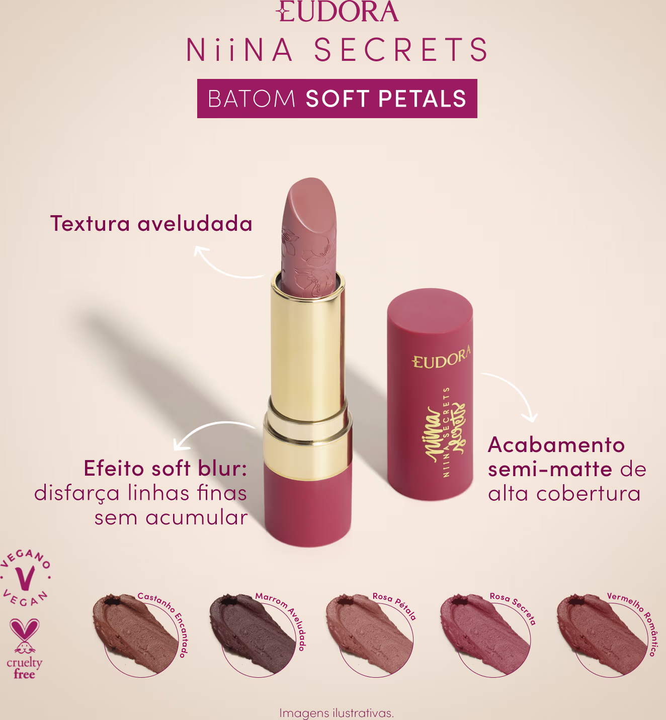 Imagem do batom aberto centralizado. Ao redor, o texto: Textura aveludada; Efeito soft blur; Acabamento semi-matte. Apresenta 5 tonalidades de batom: Castanho Encantado, Marrom Aveludado, Rosa Pétala, Rosa Secreta e Vermelho Romântico.