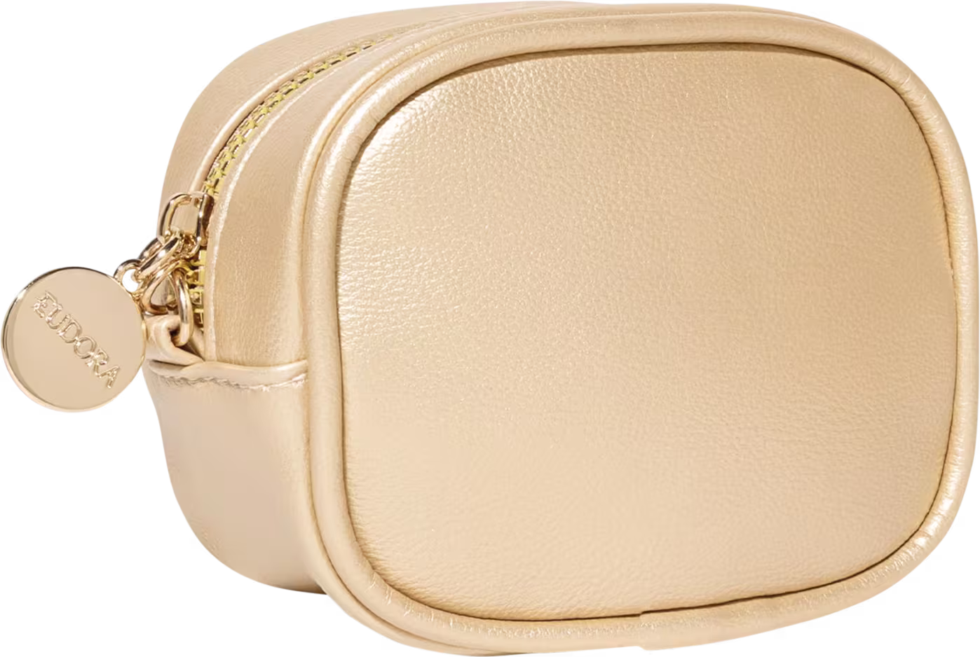 Bolsa dourada com zíper e pingente da marca Niina Secrets, com design elegante e compacto, ideal para armazenar e transportar itens de beleza e acessórios.