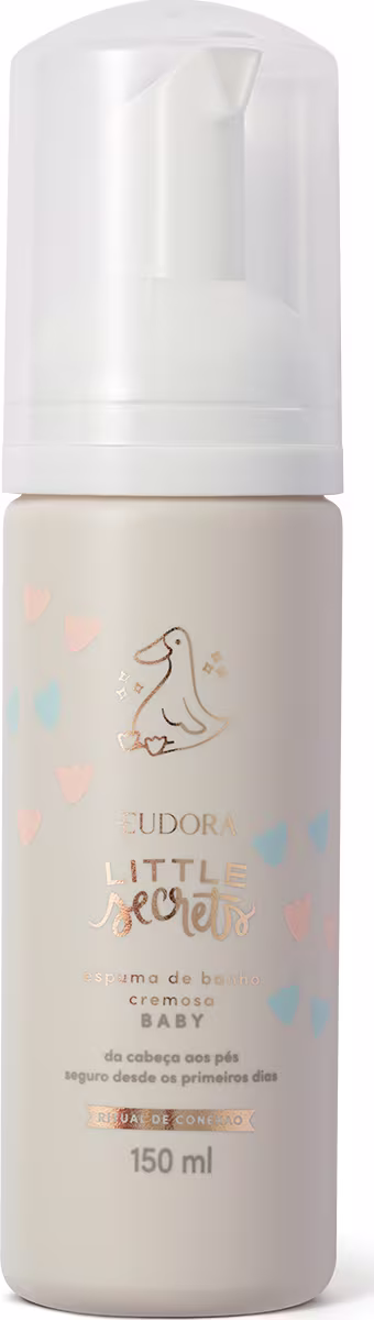 Frasco branco com bomba de espuma contendo creme para bebê da linha Little Secrets, com ilustrações e texto em cores pastel.