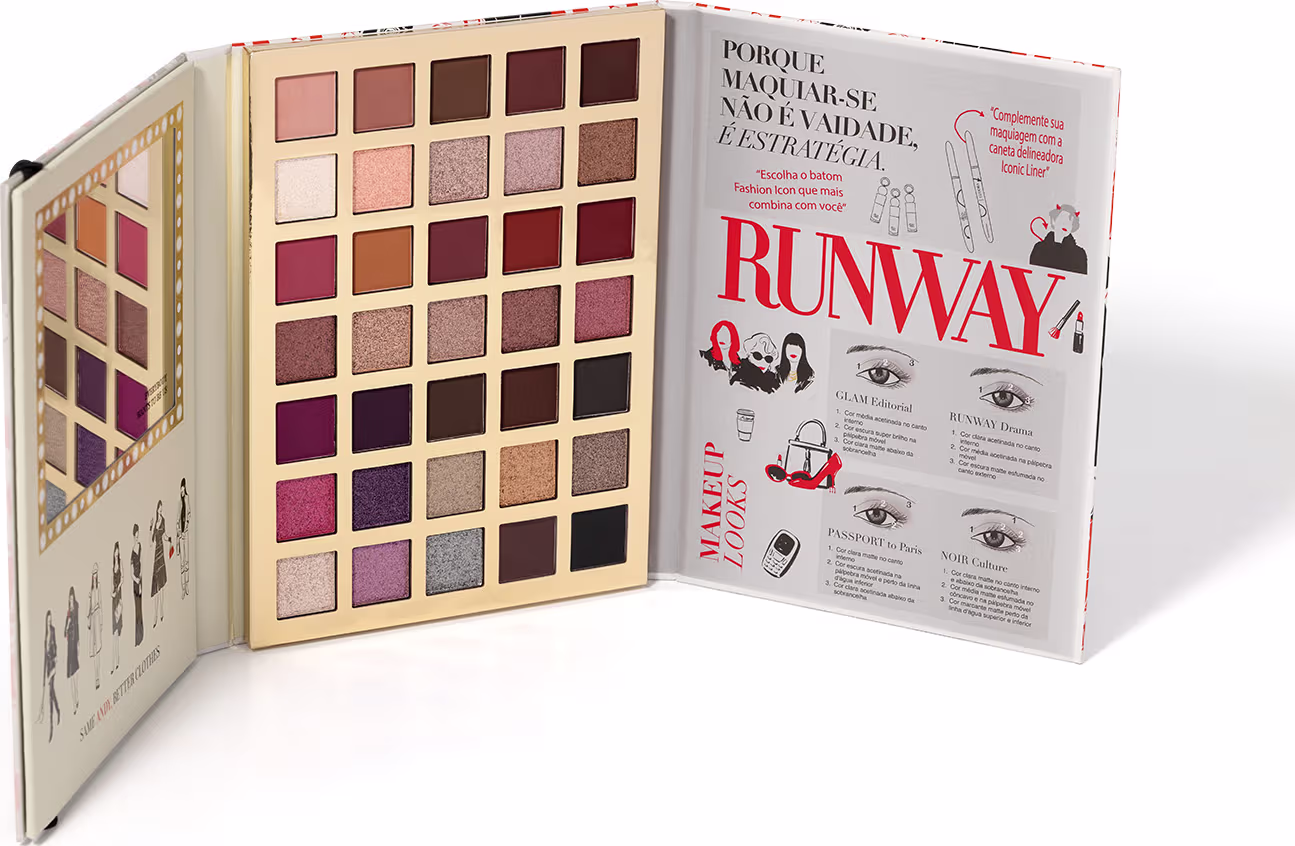 Paleta de sombras de olhos com 35 cores em tons neutros e quentes, embalada em uma caixa com design gráfico que se abre em três faces, com tutorial de make na terceira face. Inspirada na revista Runway Magazine.