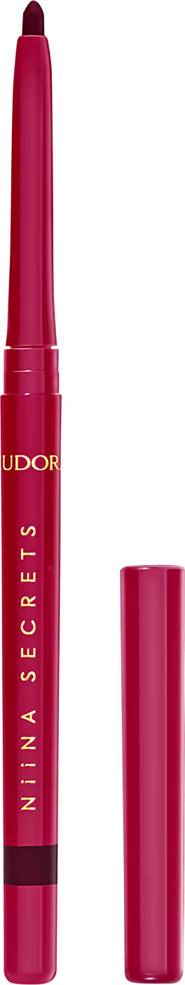 Lápis labial vermelho da marca Eudora, com embalagem cilíndrica e ponteira afilada, exibindo o nome da marca em letras douradas.