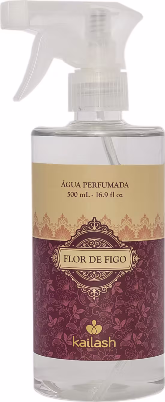 Frasco de spray com rótulo "Água Perfumada Flor de Figo" da marca Kailash, em embalagem de 500 mL, com design ornamental em tons de roxo e dourado.