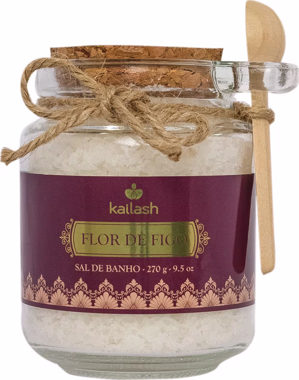 Frasco de vidro contendo sal de banho da marca Kailash, com rótulo em vermelho e dourado exibindo o nome "Flor de Figo". O frasco possui uma tampa de cortiça e está amarrado com uma corda.