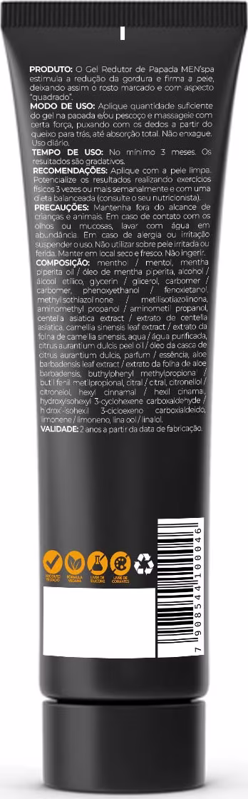 A embalagem é um tubo preto com rótulo informativo sobre o modo de uso, composição e recomendações. O texto no rótulo está em português e descreve as características e benefícios do produto, que se destina a reduzir a papada