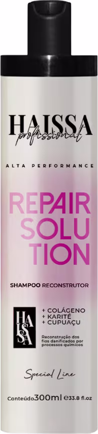 Frasco plástico preto e branco da linha Repair Solution da marca Haissa Profissional, contendo 300ml de shampoo reconstrutor com colágeno, karité e cupuaçu.