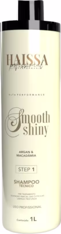 Frasco de shampoo Haissa Profissional da linha Smooth Shiny, com 1 litro de capacidade, embalagem branca e preta, com rótulo destacando os ingredientes argan e macadâmia.