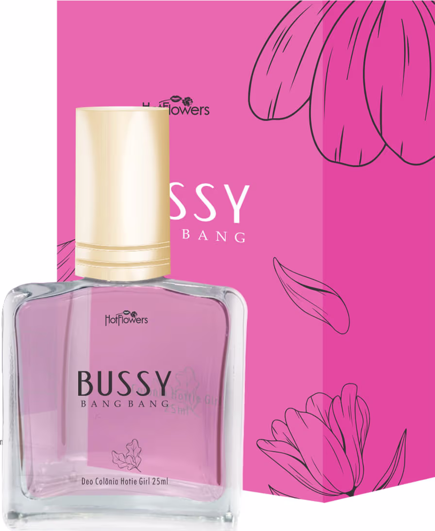 A imagem mostra o Perfume Íntimo Bussy Bang Bang da linha Hottie Girl da marca HotFlowers. Atrás há uma caixa rosa, embalagem do perfume.