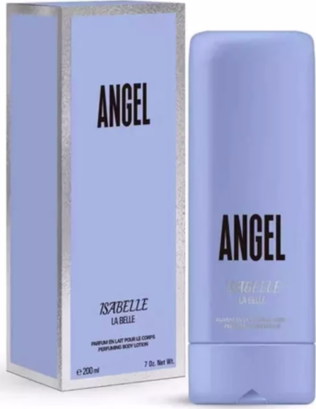 O produto de beleza apresentado é um frasco de loção corporal da marca Angel, com embalagem azul clara e rótulos em preto destacando o nome da marca. O frasco possui formato retangular e contém 200 ml do produto.
