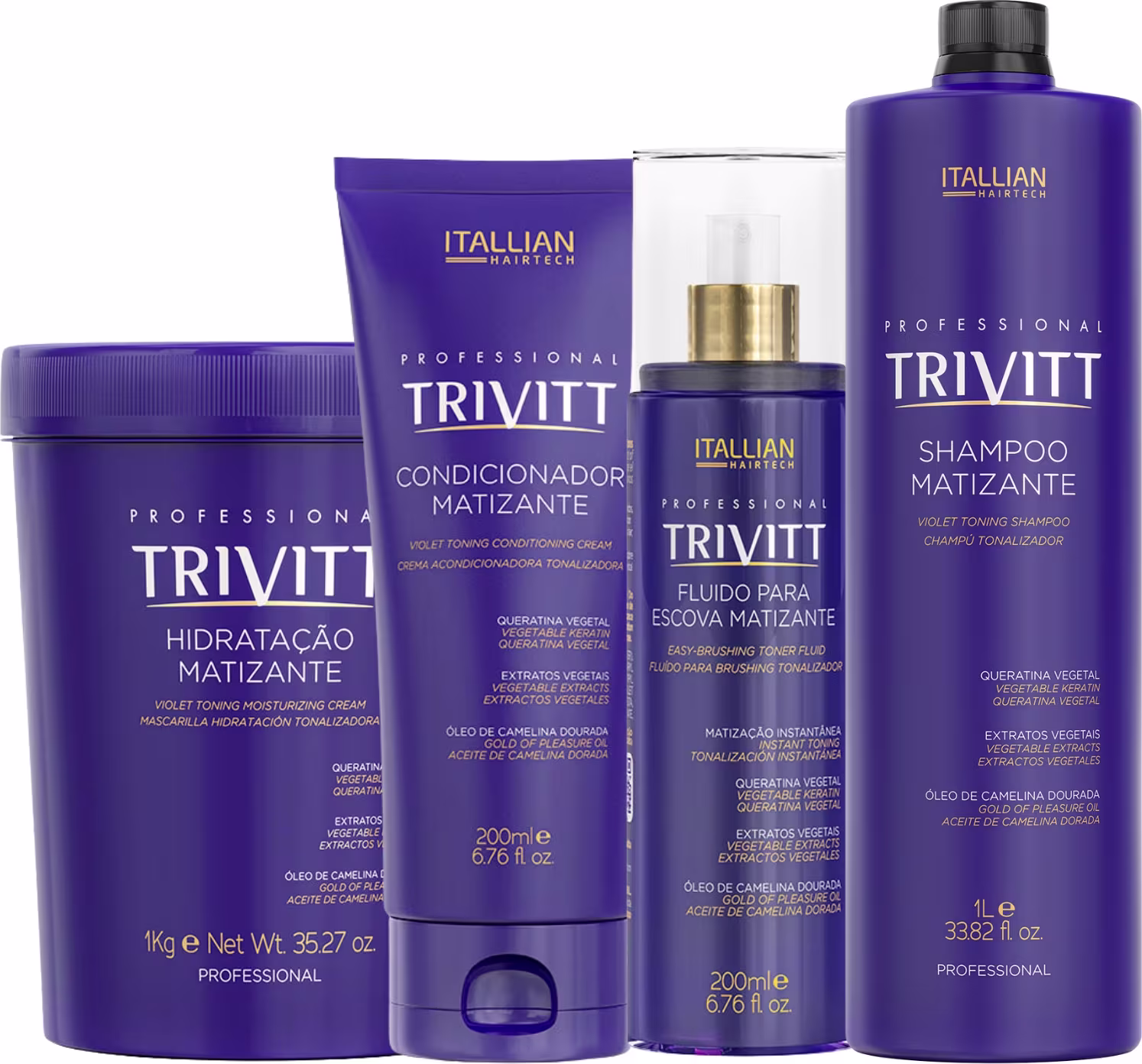 A imagem mostra uma linha de produtos profissionais de cuidados capilares da marca Itallian Hairtech chamada Trivitt Matizante.