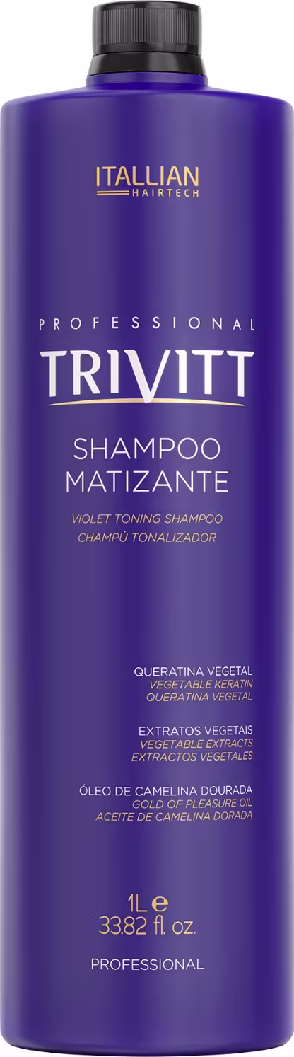 Shampoo matizante violeta tonalizador da marca Itallian Hairtech, linha Trivitt Professional. Embalagem plástica cilíndrica grande de 1 litro ou 33,82 fl oz, na cor roxa escura.