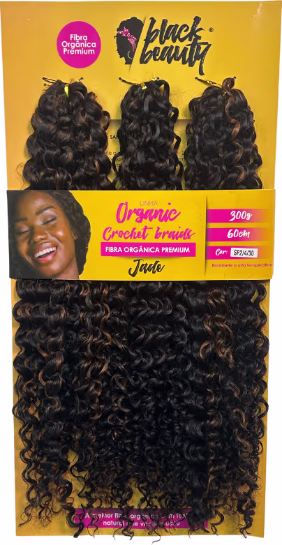 Pacote de extensões de cabelo cacheado da marca Black Beauty. O pacote contém várias mechas de cabelo cacheado e crespo, com uma cor castanha brilhante.