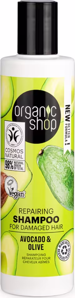A imagem mostra o shampoo em embalagem plástica branca com tampa preta. Rótulo verde claro com imagens de abacate.