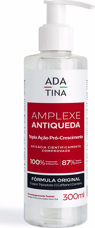 Frasco de 300ml de um produto de beleza da marca Adatina, chamado Amplexe Antiqueda. O frasco possui um rótulo vermelho e branco com informações sobre os benefícios do produto.