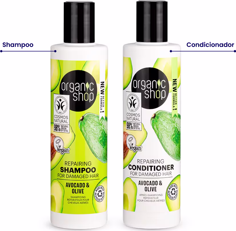 A imagem mostra um shampoo e condicionador em frascos brancos com tampa preta. O rótulo do shampoo é verde e traz abacates estampados. O frasco do condicionador é branco e também traz abacates estampados.