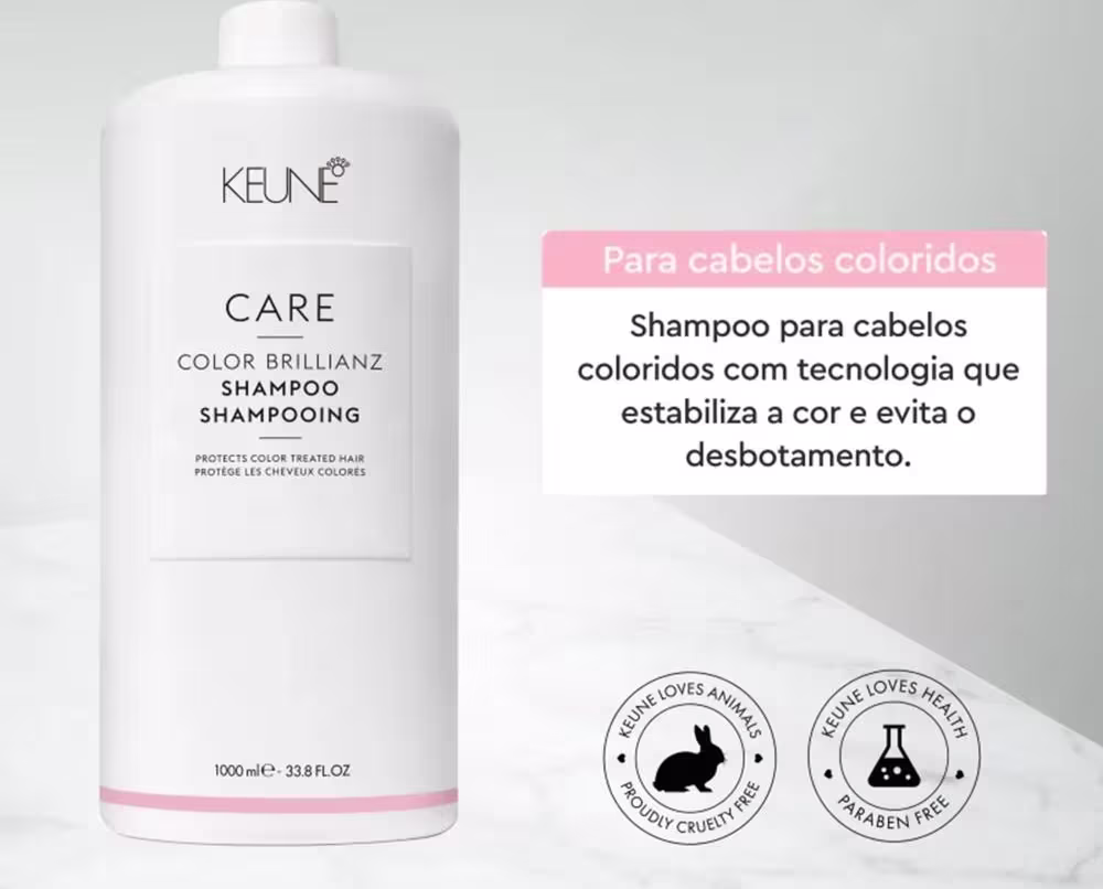 Shampoo para cabelos coloridos com tecnologia que estabiliza a cor e evita o desbotamento.