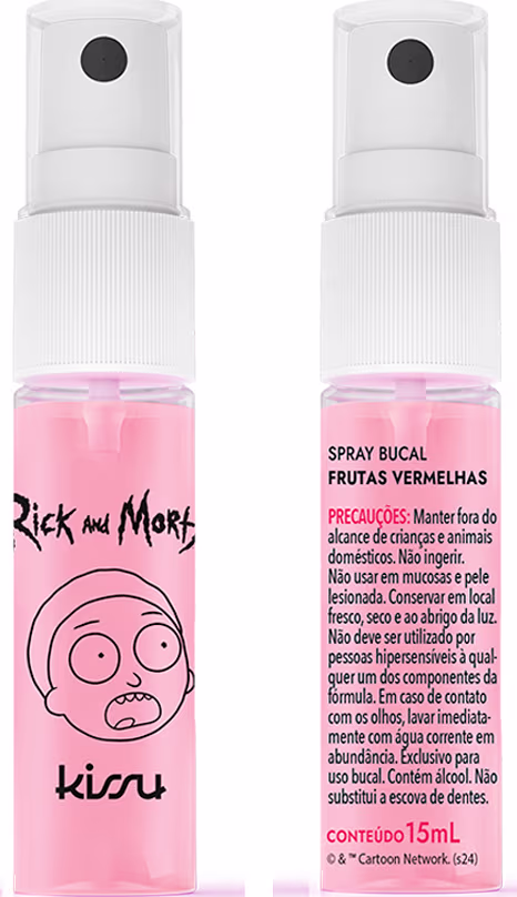 Frasco de spray bucal da marca Kissu, com design simples e cores claras. O rótulo apresenta o nome da marca e a descrição "Spray Bucal Frutas Vermelhas" em português.