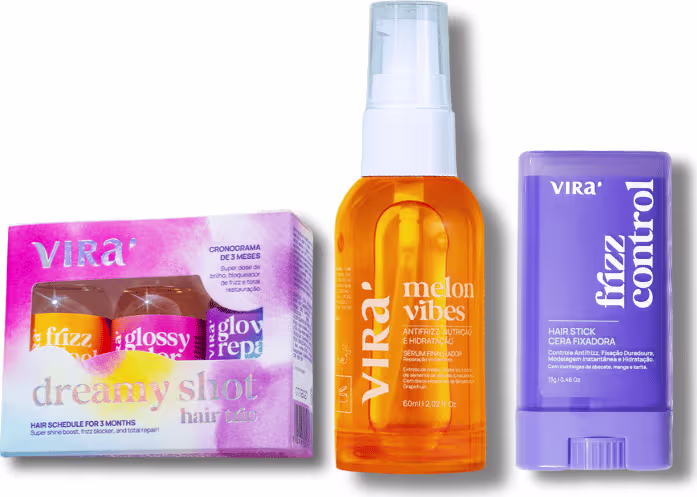 Caixa de tratamento capilar Virá Cosméticos Dreamy Shot, frasco de spray Melon Vibes e tubo de cera fixadora Virá Hair Stick, em embalagens coloridas com rótulos e informações do produto.