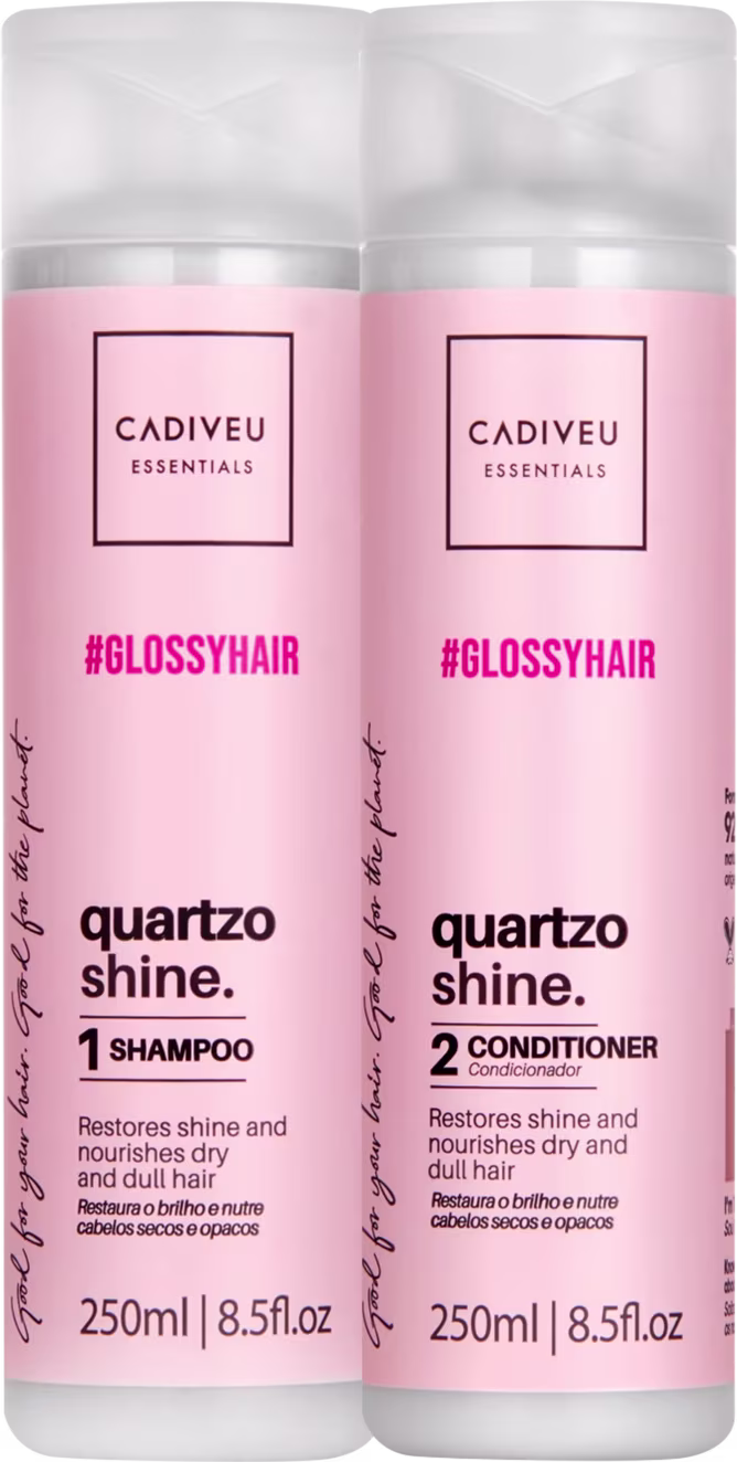 Kit com shampoo e condicionador Quartzo Shine, da marca Cadiveu Professionals.