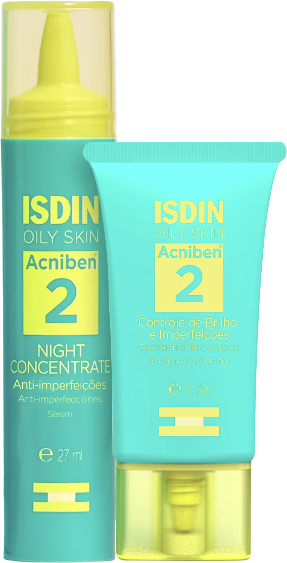 Produtos de cuidado para pele oleosa da marca ISDIN. Um frasco pequeno amarelo com tampa branca contendo um concentrado noturno anti-imperfeições. Um tubo azul com detalhes amarelos contendo um creme de controle de brilho e imperfeições da linha Acniben.