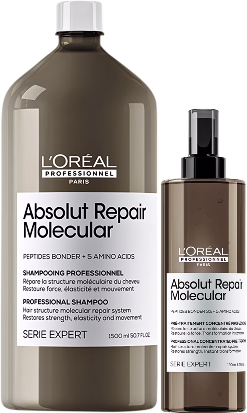 Dois produtos da linha Absolut Repair Molecular da L'Oréal Professionnel: um frasco grande de shampoo de 1500 ml e um frasco menor de pré-tratamento concentrado de 190 ml, ambos com embalagens em tons de marrom e branco.