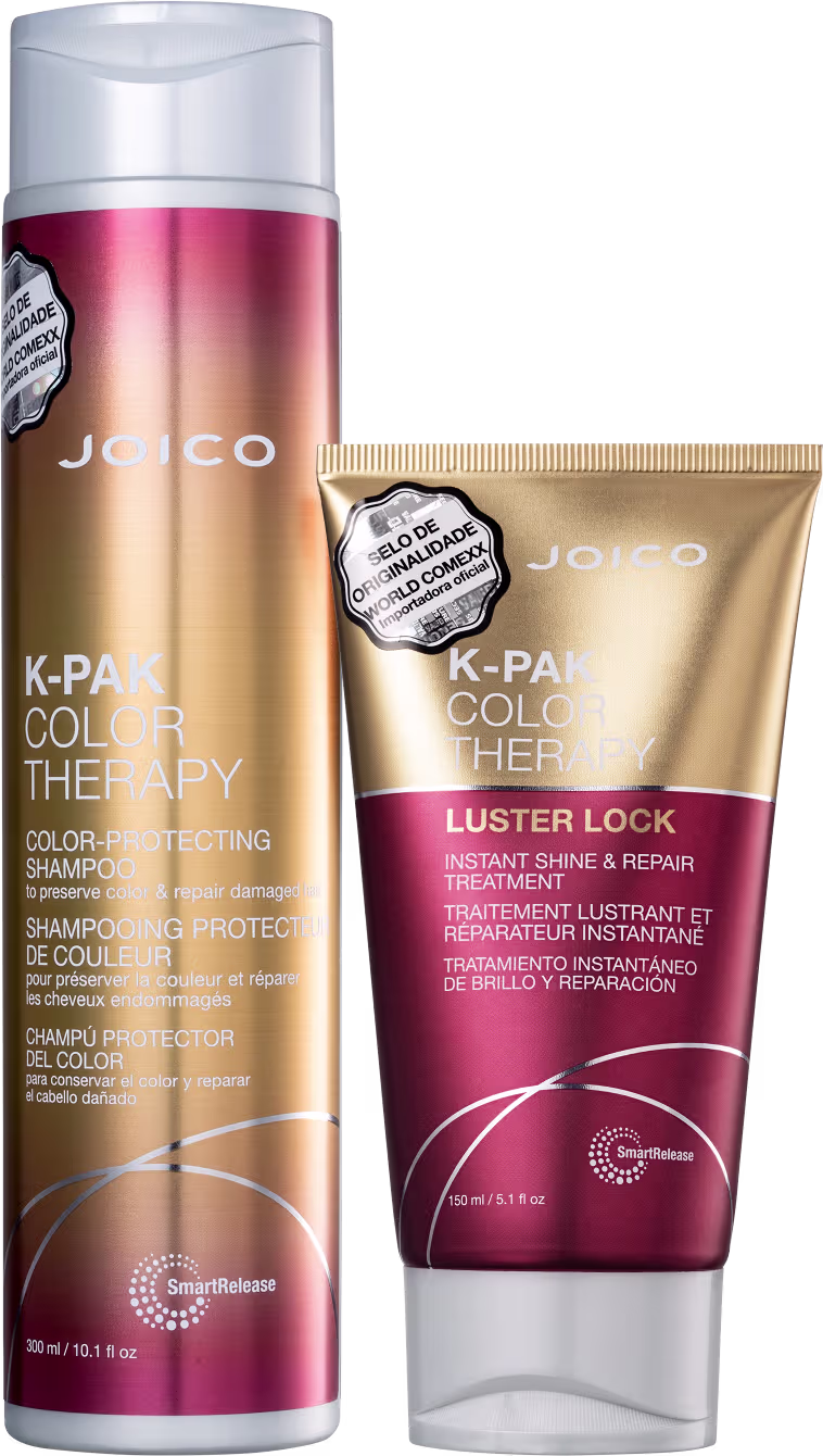 Dois produtos da linha K-Pak Color Therapy da Joico: um frasco de shampoo protetor de cor e um tubo de tratamento instantâneo de brilho e reparação, ambos com embalagens em tons de rosa e branco.