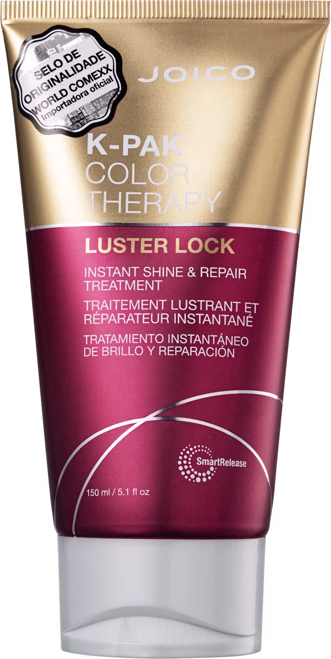 Trata-se de um tratamento de brilho e reparação instantânea da marca Joico, em embalagem de tubo plástico com rótulo dourado e vermelho, contendo 150 ml do produto "Luster Lock".