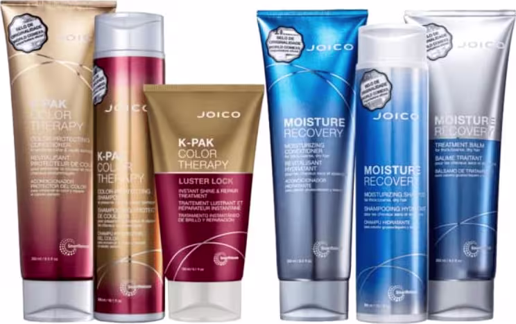 A imagem mostra shampoo 300ml, condicionador 250ml e máscara 150ml da linha K-PAK Color Therapy da Joico; e shampoo 300ml, condicionador 250ml e máscara 250ml da linha Moisture Repair.