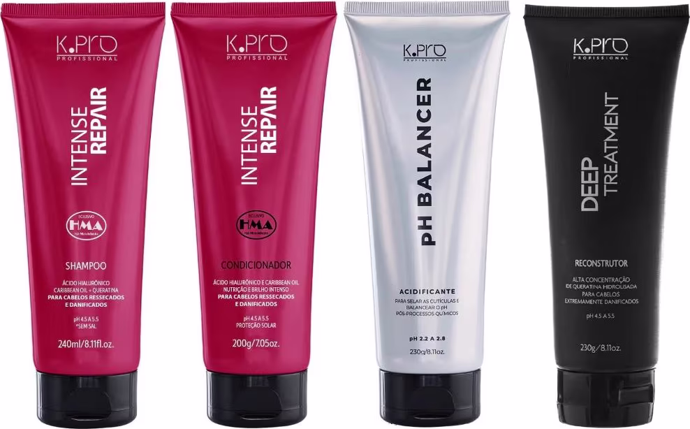 Kit com shampoo e condicionador da linha Intense Repair, da marca K.Pro.  Também acompanha acidificante pH Balancer e tratamento Deep Reconstructor, da mesma marca.