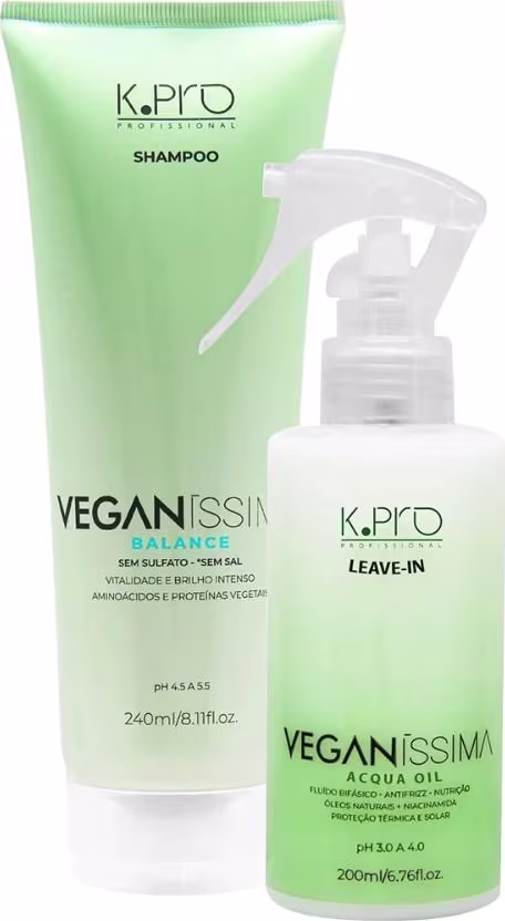 Dois produtos da marca K.Pro: um frasco de shampoo e um frasco de leave-in, ambos com embalagens verdes e rótulos indicando a linha "Veganissima" com foco em equilíbrio e ingredientes vegetais.