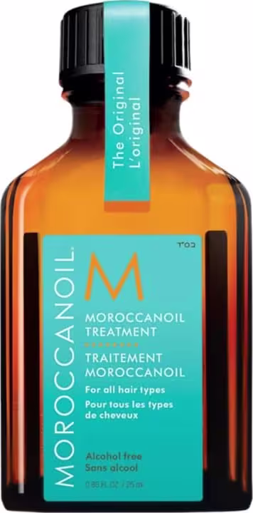 Frasco de tratamento para cabelos Moroccanoil, com embalagem de vidro âmbar e rótulo azul turquesa. O produto é indicado para todos os tipos de cabelo, sem álcool em sua composição.