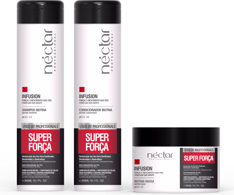 Produtos de tratamento capilar da marca Néctar do Brasil, incluindo shampoo, condicionador e máscara da linha Infusion, com embalagens em preto e branco e rótulos destacando a "Super Força" do produto.