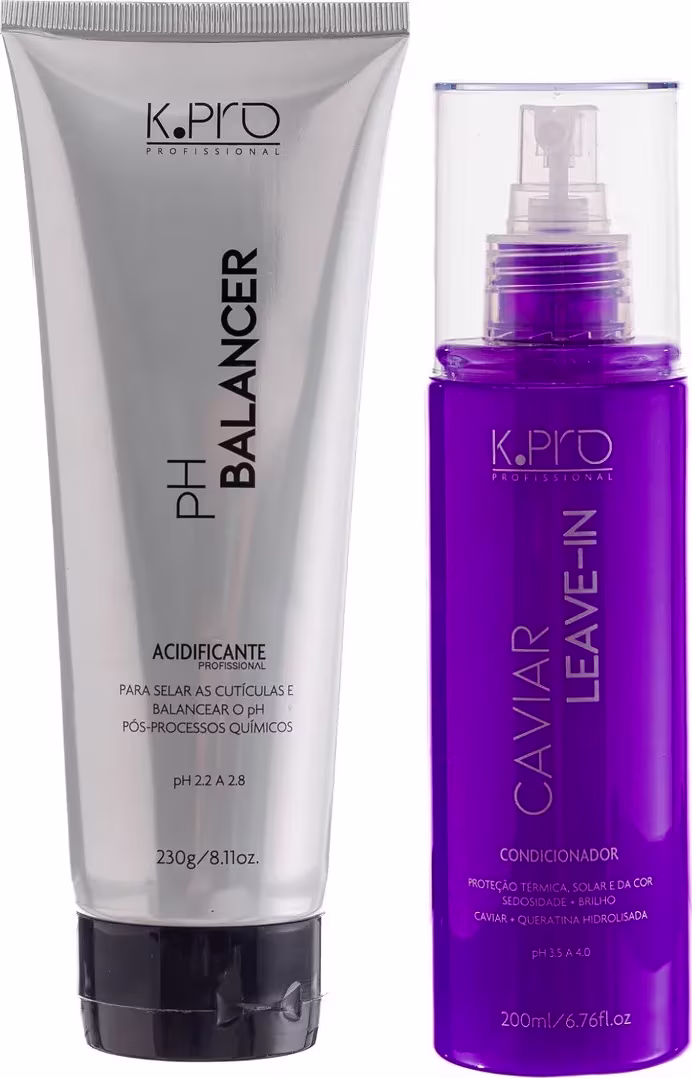 Leave-in em spray K.pro da linha Caviar. Embalagens em tons de roxo com textos e logotipos da marca. Também conta com acidificante pH Balancer.