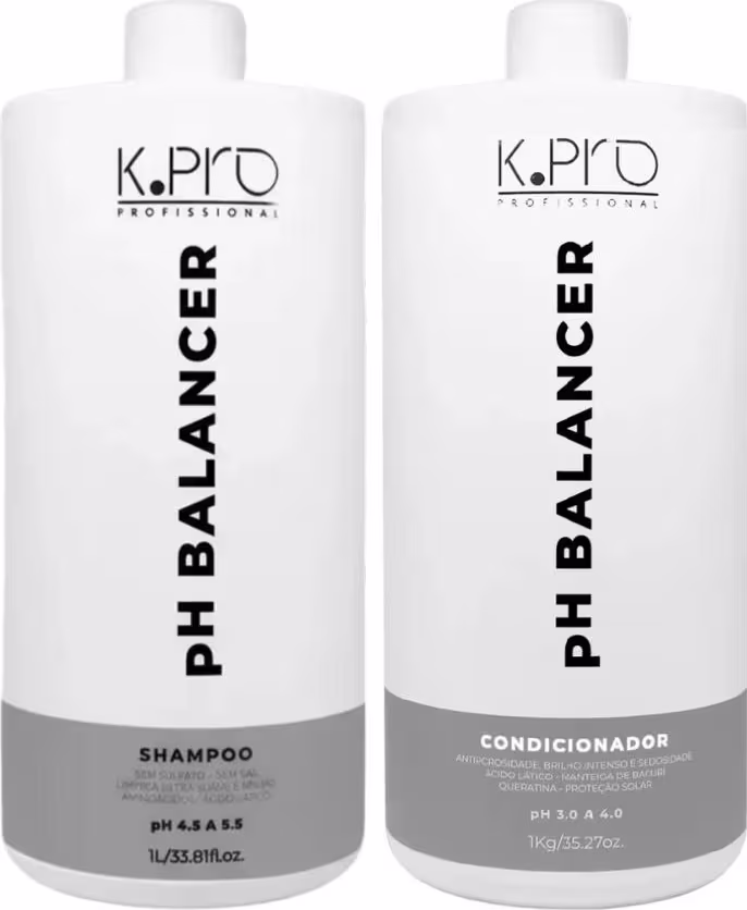 Dois frascos brancos de produtos de cabelo da marca K.pro Professional, um shampoo e um condicionador, com rótulos pretos exibindo o nome da marca e a descrição "PH Balancer".
