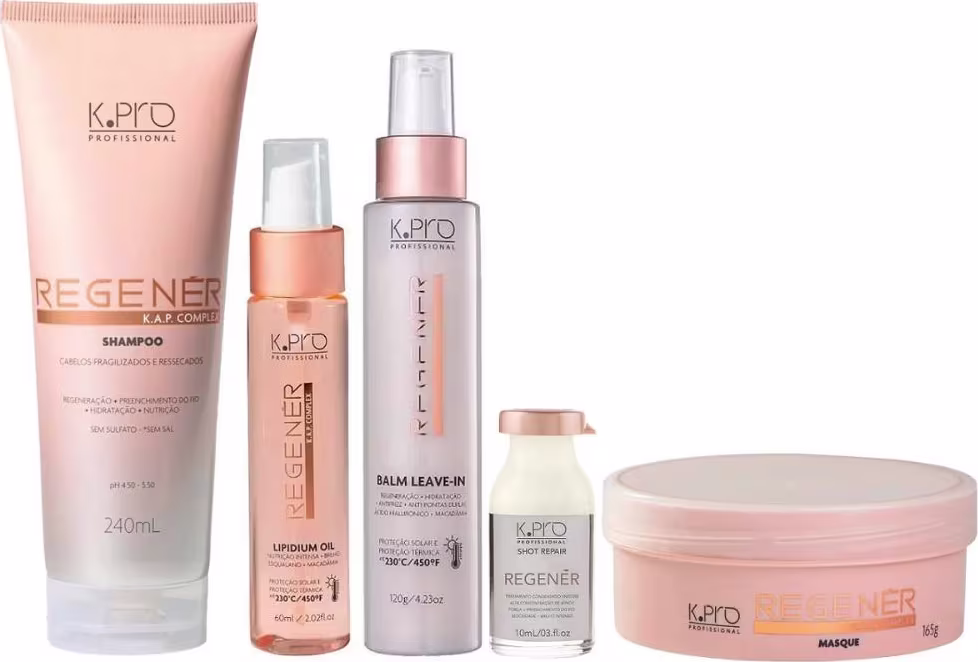 Kit da linha Regenér, da marca K.Pro. Frascos de shampoo, máscara, leave-in, óleo capilar e ampola.