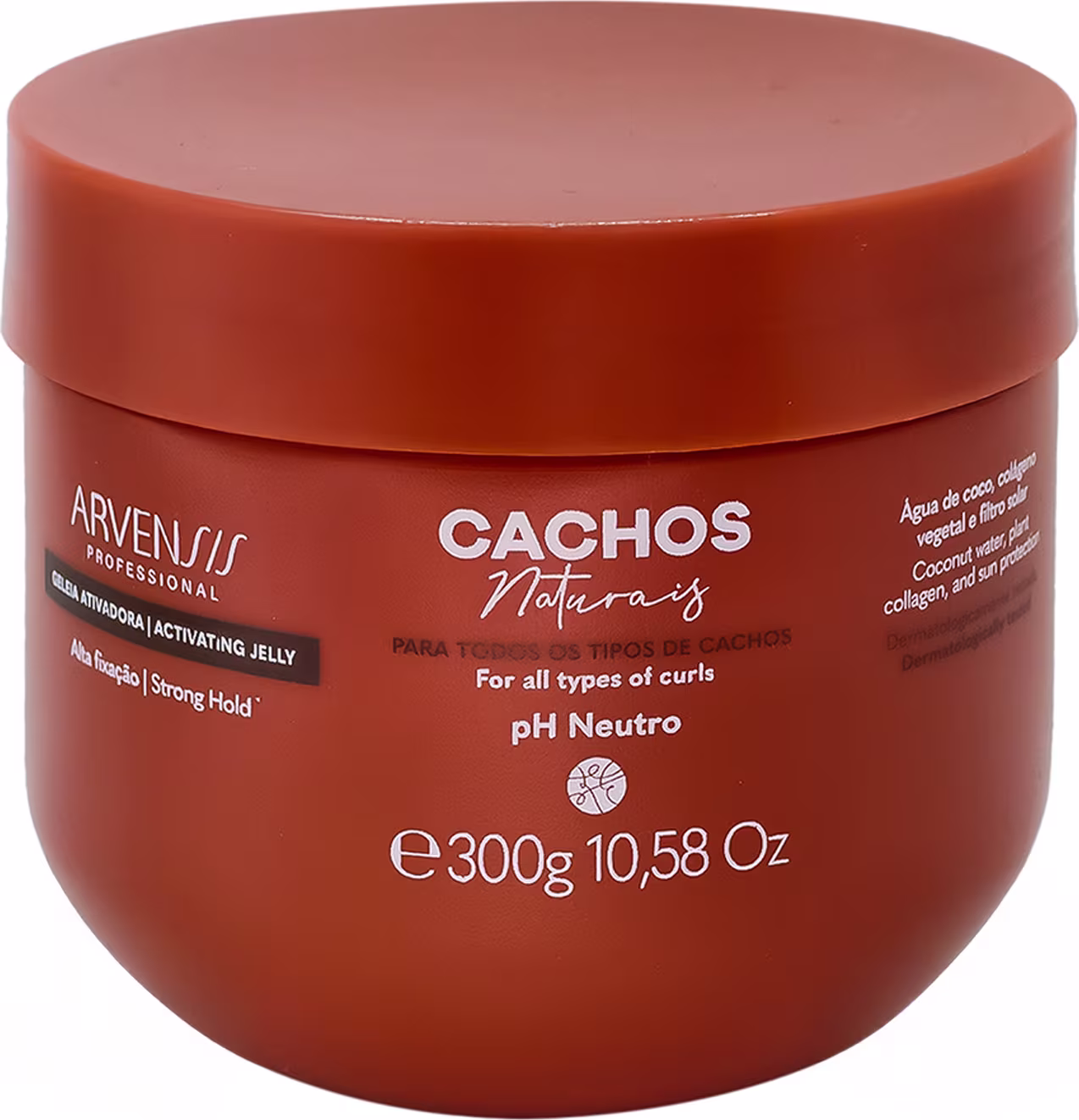Pote de gel ativador de cachos da marca Arvensis, com embalagem laranja e rótulo indicando que é um produto para todos os tipos de cachos, com pH neutro.