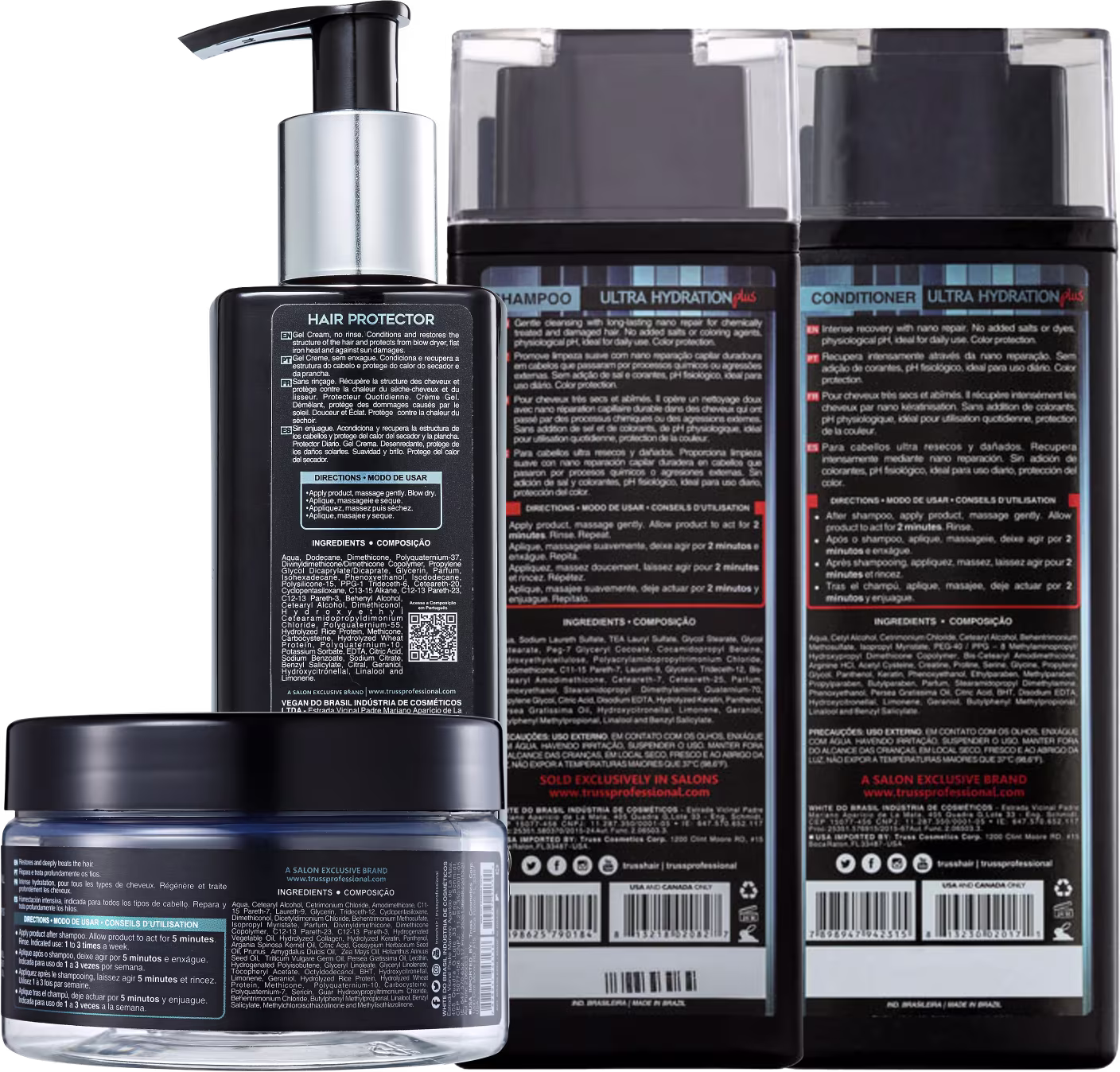 A imagem mostra o verso dos produtos da linha de produto capilares. As embalagens trazem as informações dos ingredientes, modo de usar e dados do fabricante brasileiro.