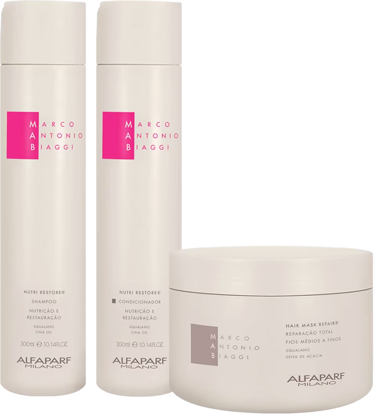A imagem mostra kit do shampoo e condicionador Nutri Restore de 300ml cada em dois frascos cilíndricos brancos com detalhes em rosa; e máscara Repair Mask de 300g em um pote branco com detalhes em cinza, todos da marca MAB by Alfaparf Milano.