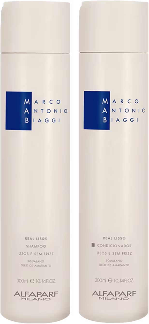 A imagem mostra shampoo e condicionador Real Liss de 300ml cada, da marca MAB by Alfaparf Milano. São duas embalagens cilíndricas, na cor branca com o nome da linha e da marca em azul. Traz a indicação de resultado de lisos sem frizz.