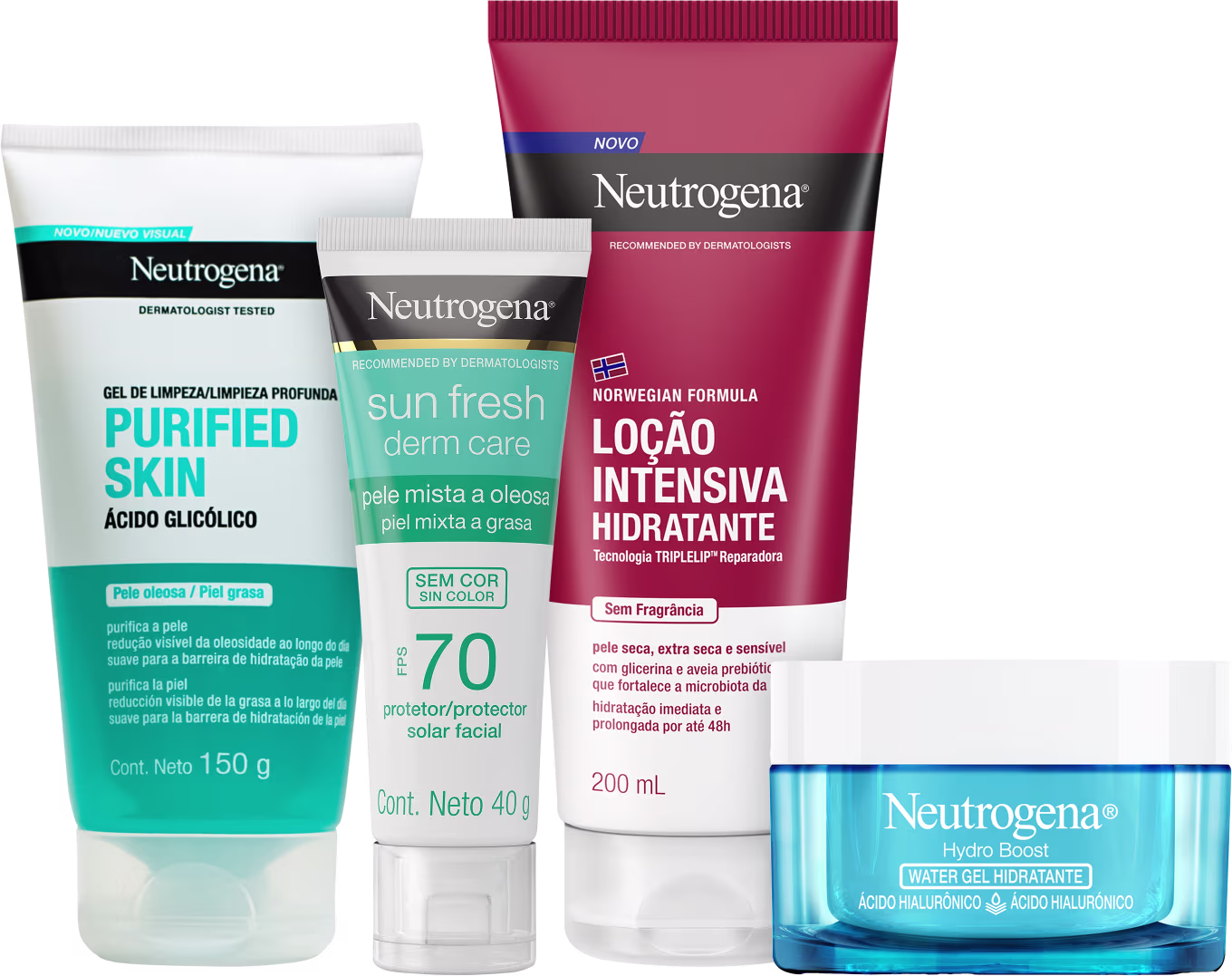 A imagem mostra um kit com quatro produtos da marca Neutrogena. Um gel de limpeza e um protetor solar facial, ambos com embalagem branca e verde, uma loção hidratante com embalagem branca e vermelha e um hidratante facial com embalagem azul e tampa branca