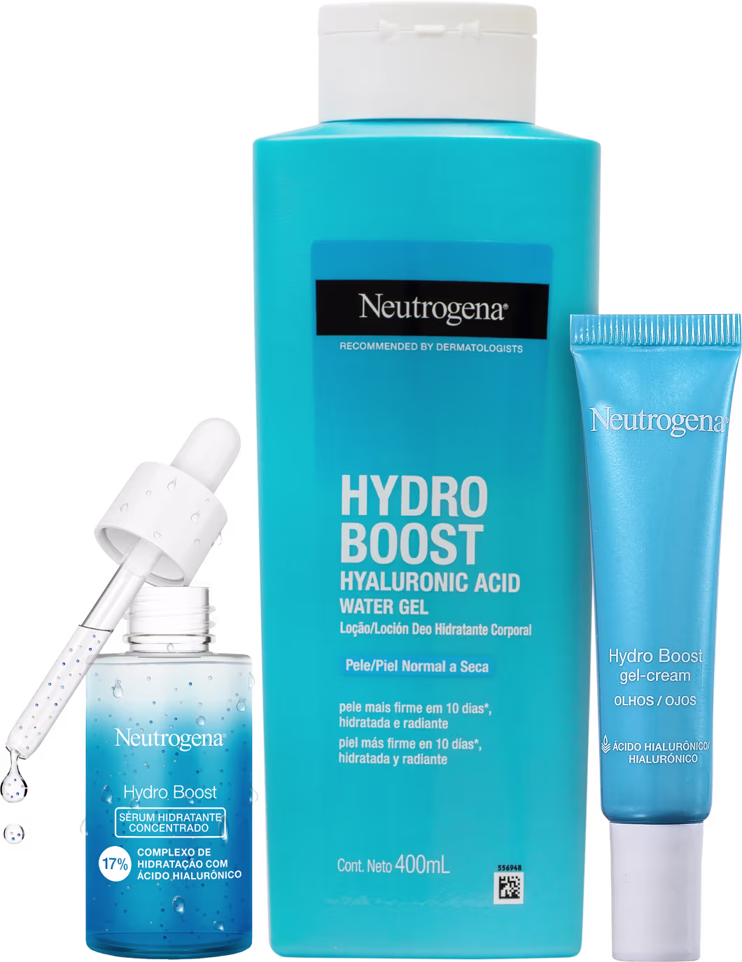 O imagem mostra um kit com 3 produtos Neutrogena da linha Hydro Boost. Um frasco grande, no meio, de hidratante corporal, na esquerda um frasco menor azul com o aplicador acima e na direita uma bisnaga pequena azul, com tampa branca para a área dos olhos.