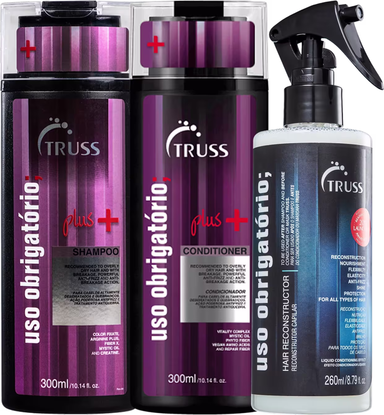 A imagem mostra itens marca Truss. Existem três produtos:

1. Shampoo chamado "Uso obrigatório Plus+". 

2. Condicionador chamado "Uso obrigatório Plus+". 

3. Produto líquido de reconstrução capilar chamado "Uso obrigatório Reconstrutor Líquido".