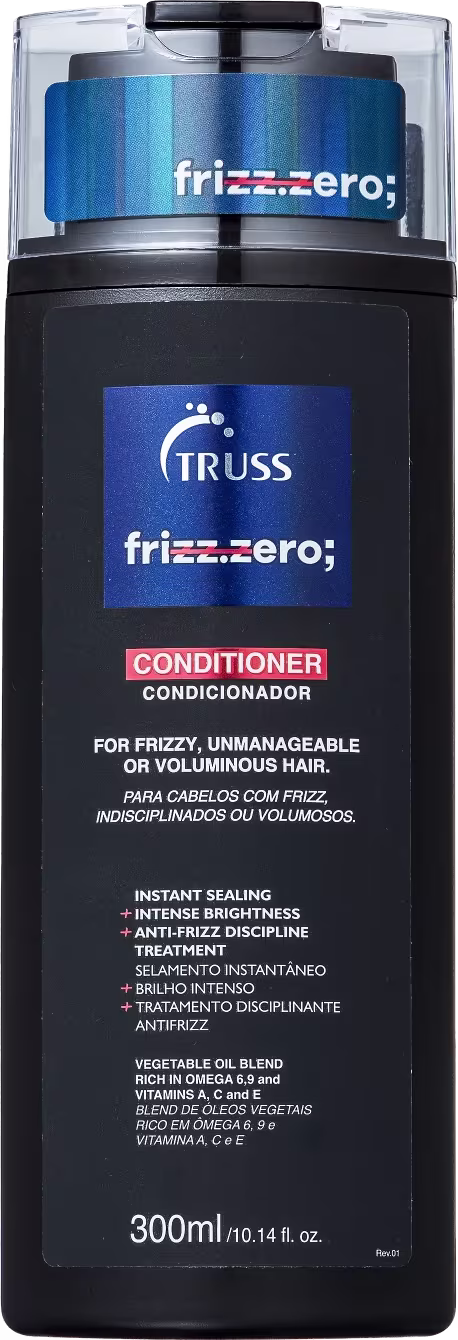 A imagem mostra um produto de cuidados capilares da marca Truss, chamado "Frizz Zero;". É um condicionador formulado especificamente para cabelos com frizz, incontroláveis ou volumosos.
