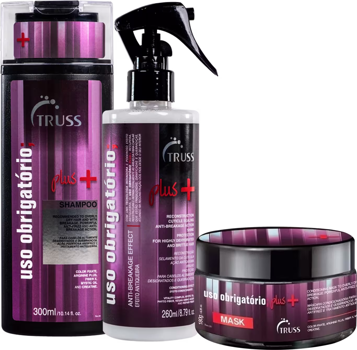 A imagem mostra uma linha de produtos de beleza para cabelos da marca Truss. São eles:
1- Shampoo Uso Obrigatório Plus
2- Máscara Capilar Uso Obrigatório Plus
3- Reconstrutor Capilar Uso Obrigatório Plus